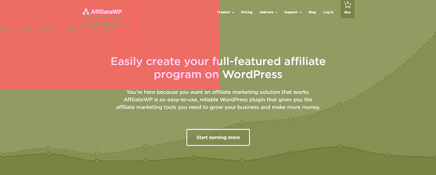 AffiliateWP homepage, with a red tinted background with graphs