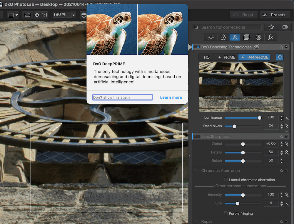 DxO PhotoLabDeepPRIMEツール。