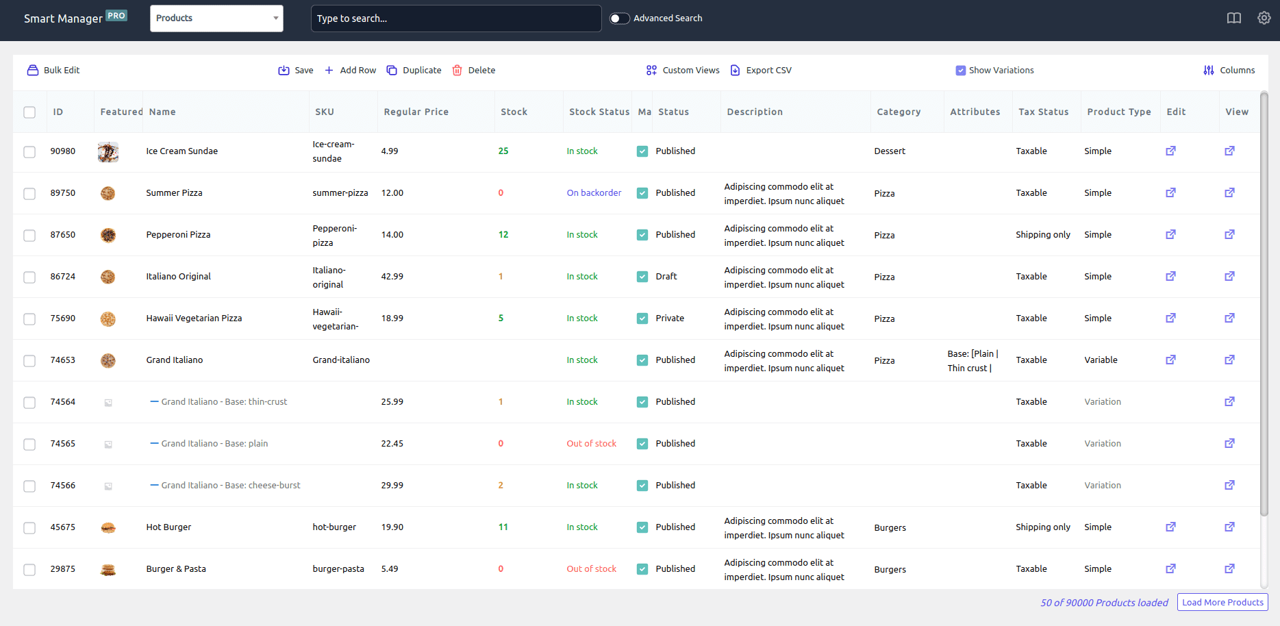 Verwalten von Produkten in einem Tabelleneditor