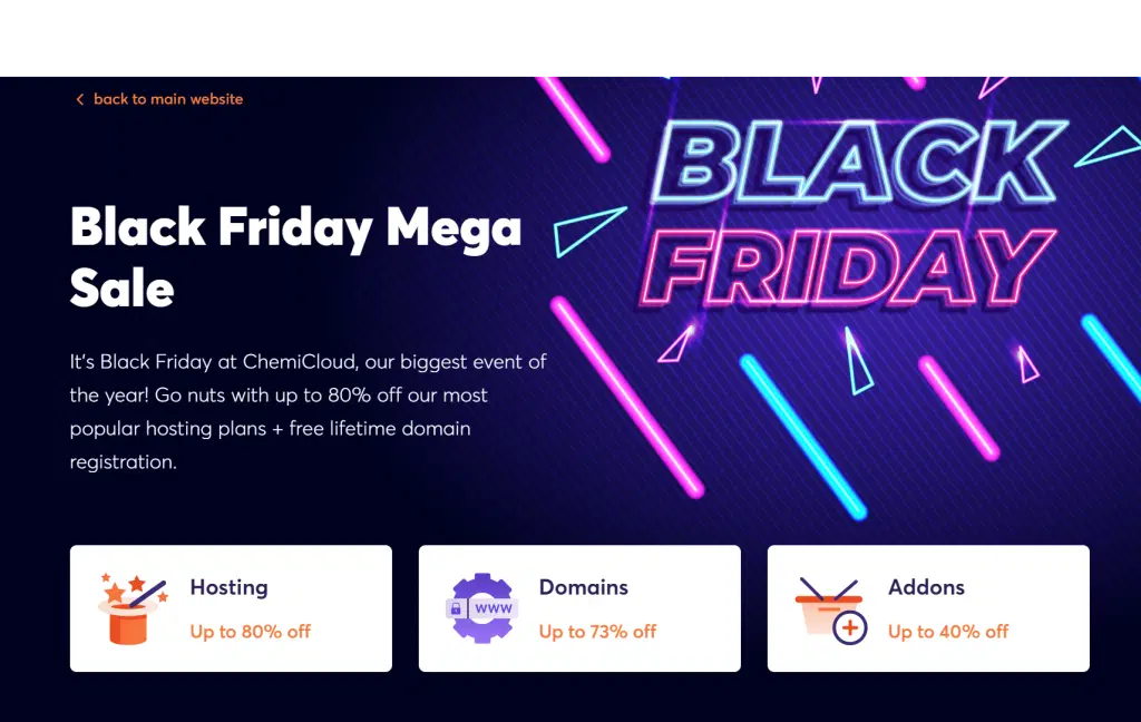 Распродажа ChemiCloud Mega Black Friday 2022: СКИДКА 80% МАКСИМУМ 6 Chemicloud black friday deals 2021 live