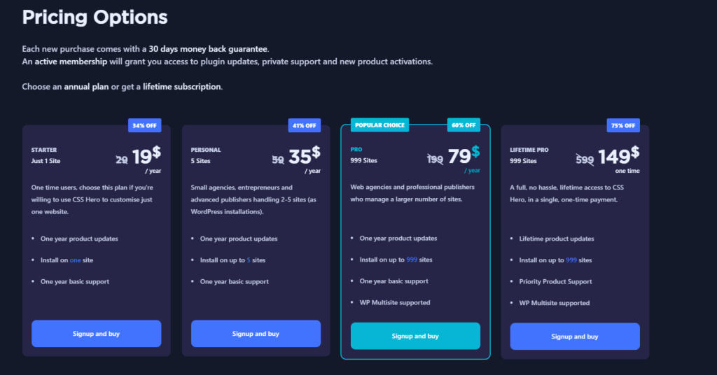 CSS Hero 黑色星期五特賣 2022(70% 折扣)-官方 3 CSS hero Black Friday PRICING