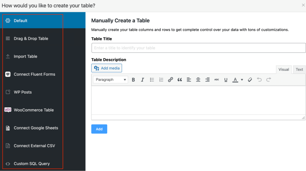Berbagai jenis tabel wordpress tersedia di Ninja Tables