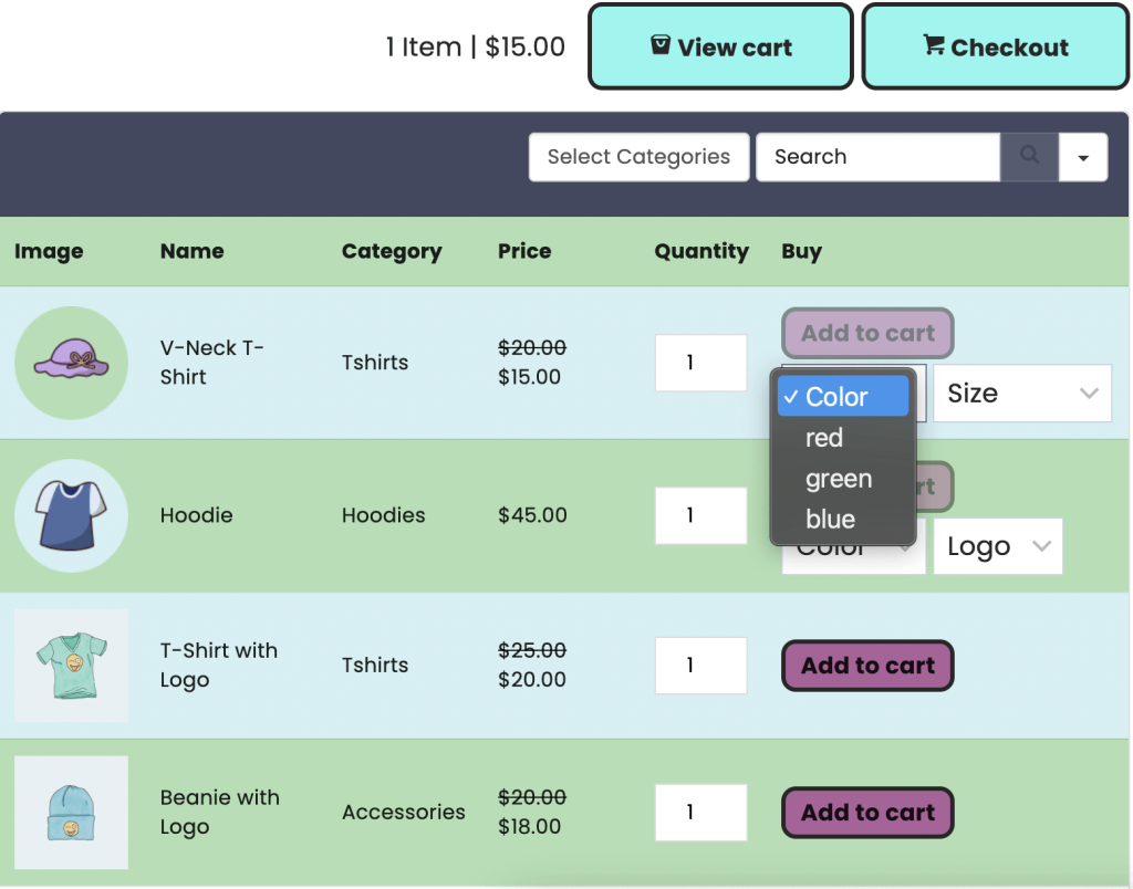 Tabel WooCommerce menarik yang dibuat dengan Tabel Ninja