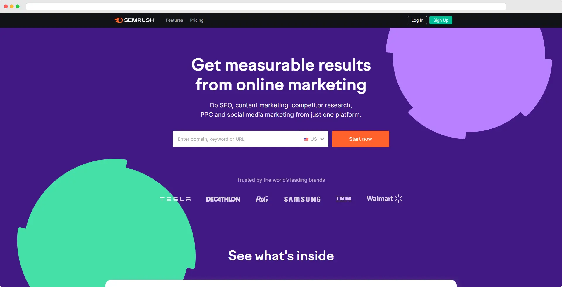 Page d'accueil de l'outil de référencement SEMRush