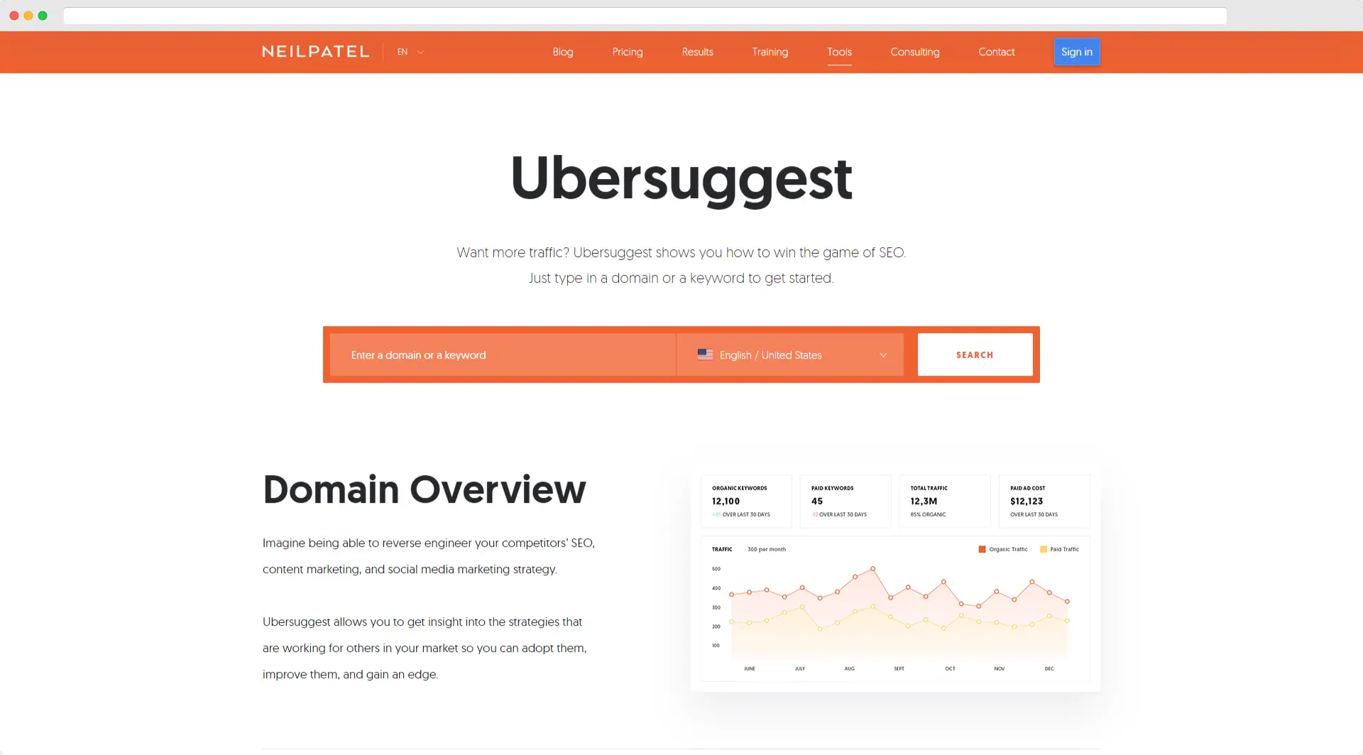 Page d'accueil de l'outil de mots clés gratuit d'Ubersuggest