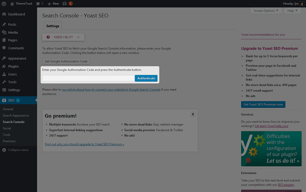 Yoast - Kode Otorisasi Google