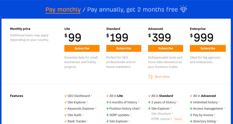 Piani tariffari Ahrefs - Ubersuggest Alternative