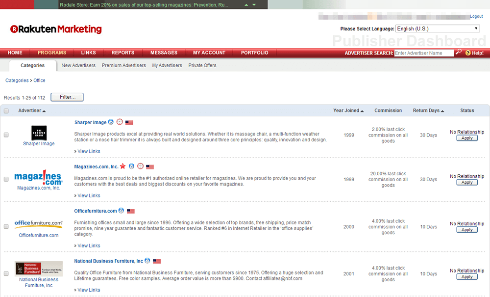 Painel de marketing da Rakuten