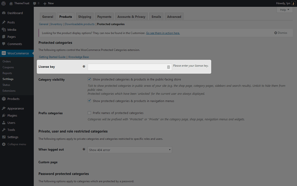 WooCommerce 受保護的類別 - 許可證密鑰