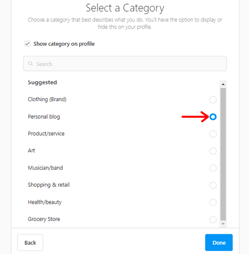 Selecionando a categoria de blog pessoal no Instagram
