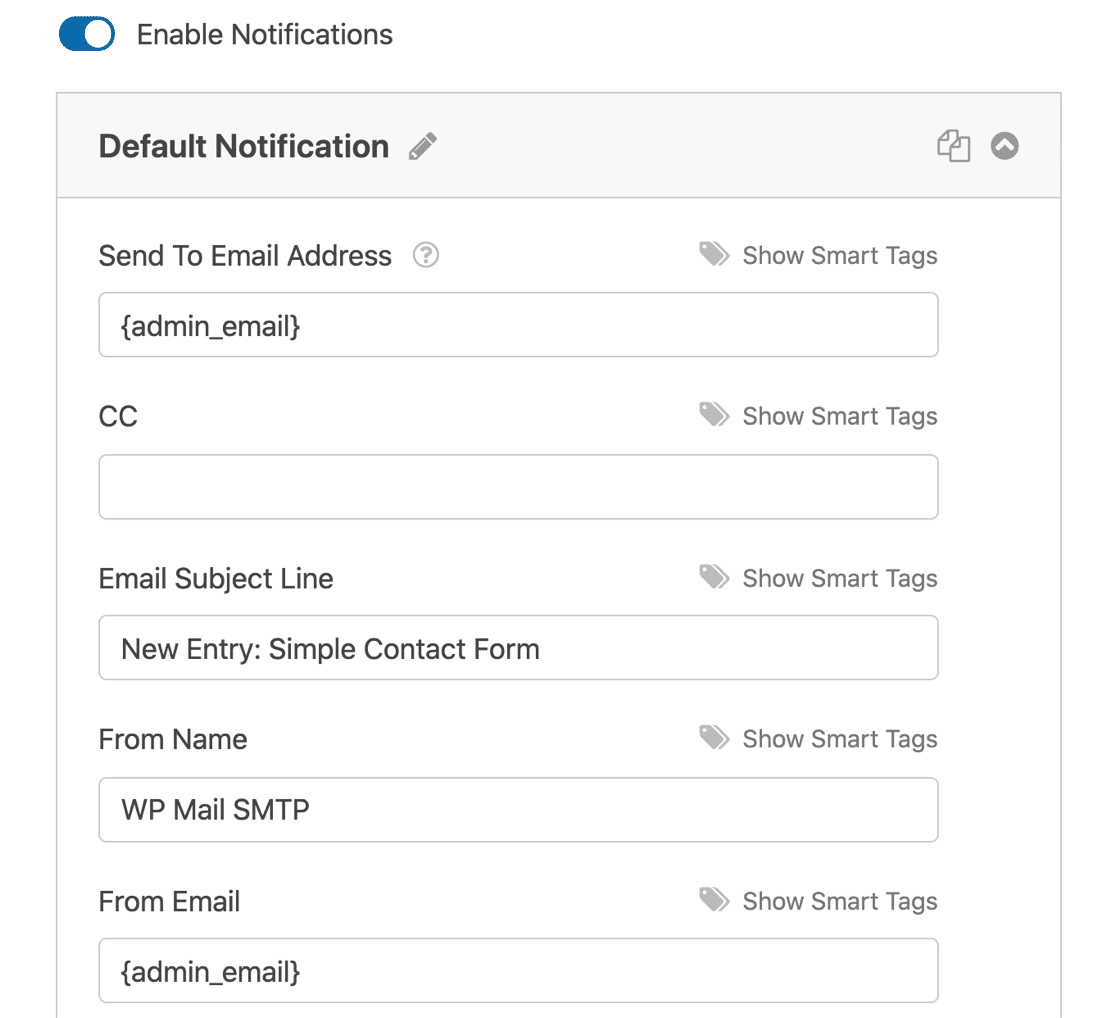 WPForms notification settings