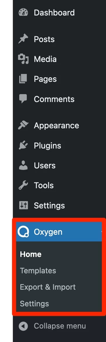 I menu di Oxygen Builder nell'amministratore di WordPress.