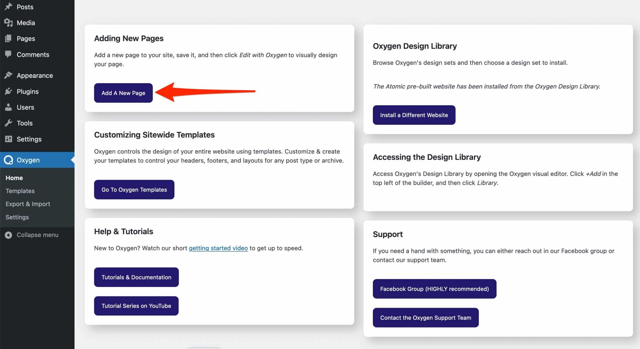 Oxygen Builder offre una scorciatoia per aggiungere nuove pagine su WordPress.
