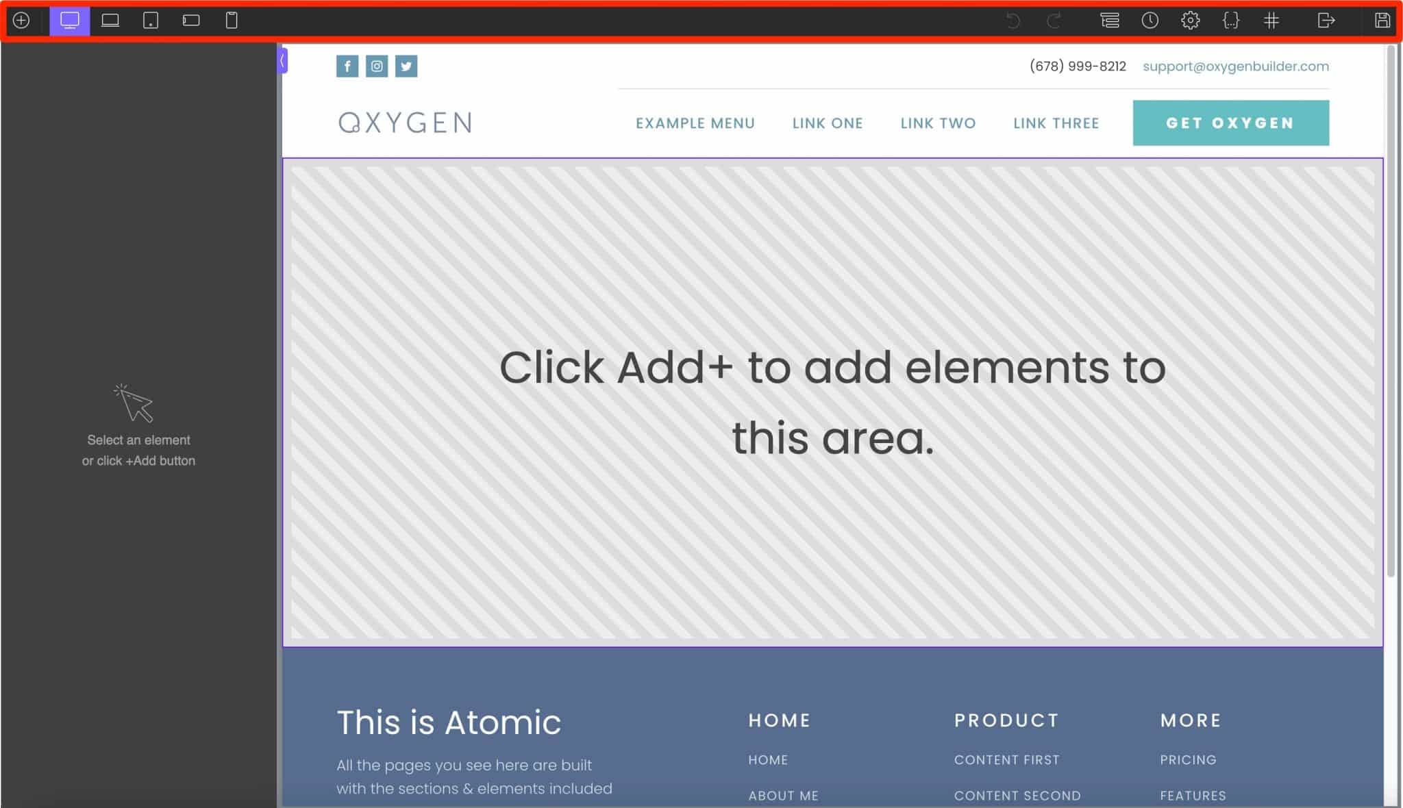 Oxygen ha una barra degli strumenti per modificare la tua pagina.