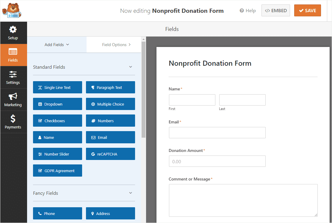 Non-profit donation form created using WPForms