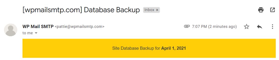 e-mail de notificare pentru backupul bazei de date - WP Mail SMTP database backup notification email