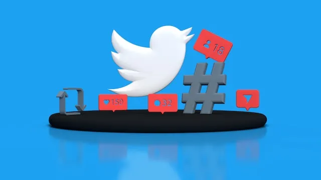 Twitter 徽标的照片站在主题标签旁边并收集喜欢和评论