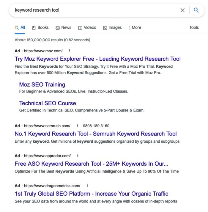 Rezultatele căutării Google pentru „instrument de cercetare a cuvintelor cheie”