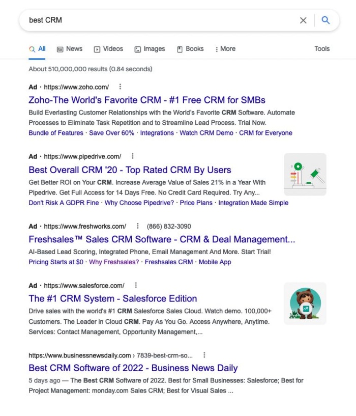 rezultate de căutare pe Google pentru „cel mai bun CRM”