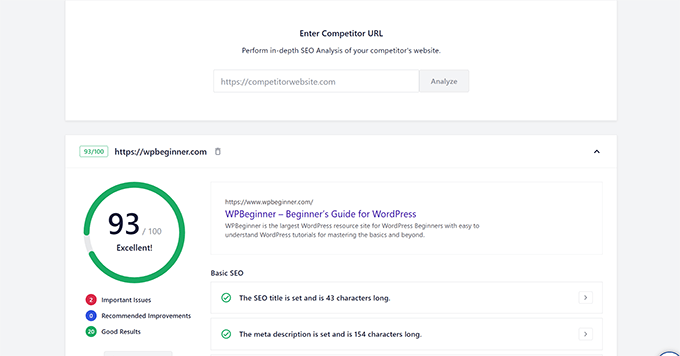 Ferramenta de análise da concorrência no All in One SEO