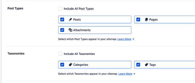 Excluir tipos de postagem e taxonomias de sitemaps