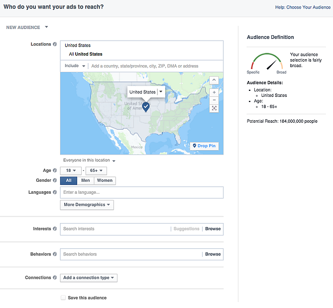 Facebook Ad Manager のオーディエンス作成ページ