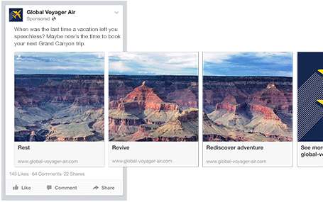 グランドキャニオンの画像を使用した Facebook カルーセル広告の例