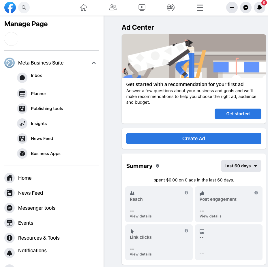 Facebook 広告マネージャーのホームページとレイアウト