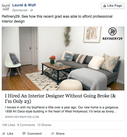 デスクトップのニュース フィードに 1 つの画像を含む Facebook 広告