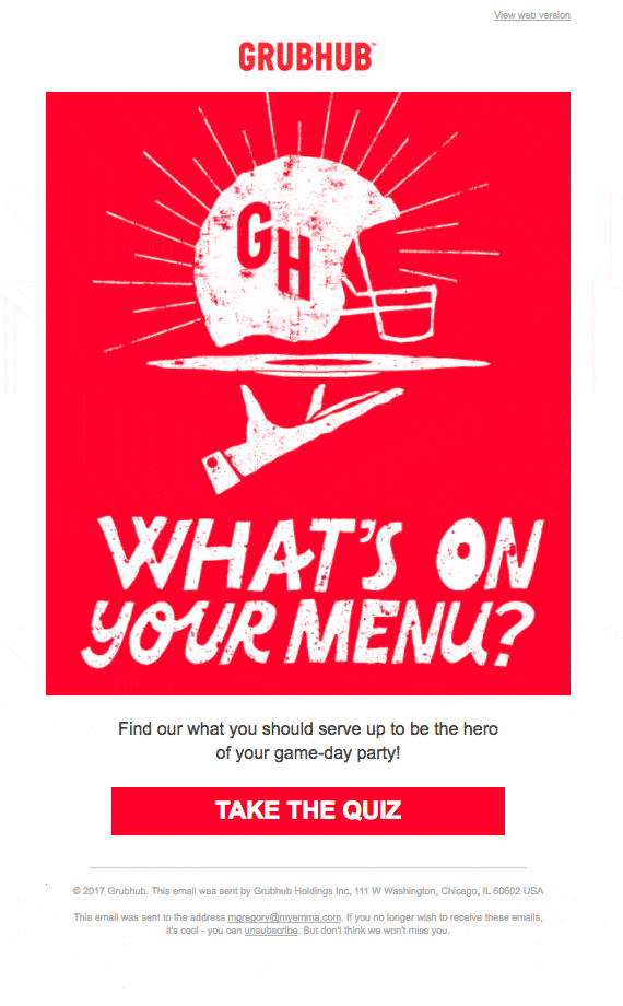 Inspiracja e-mailem HTML; GrubHub Co jest w twoim menu? ogłoszenie