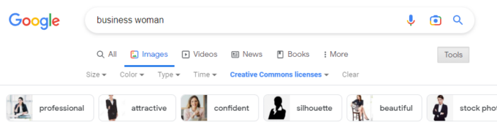 لقطة شاشة لشريط بحث Google الذي كتبته "سيدة أعمال".