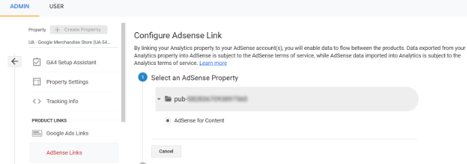 Selecione e vincule a propriedade do Google AdSense Select your AdSense property