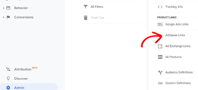 Mude para a seção Admin do Google Analytics Go to admin settings and link ads