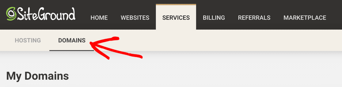 SiteGround domains menu