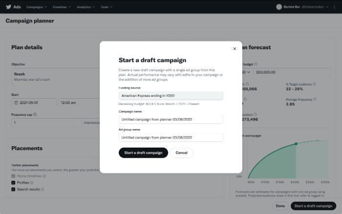 Inicio de un borrador de campaña de Twitter.