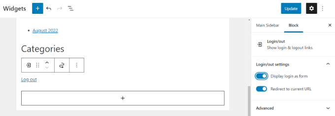 Voir une option de déconnexion et mettre à jour la zone des widgets