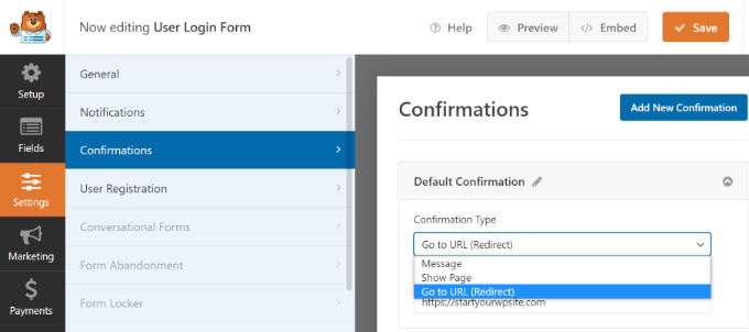 Rubrique Confirmation Go to confirmation settings