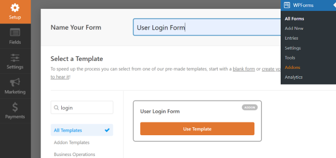 Modèle de formulaire de connexion Select the user login form template