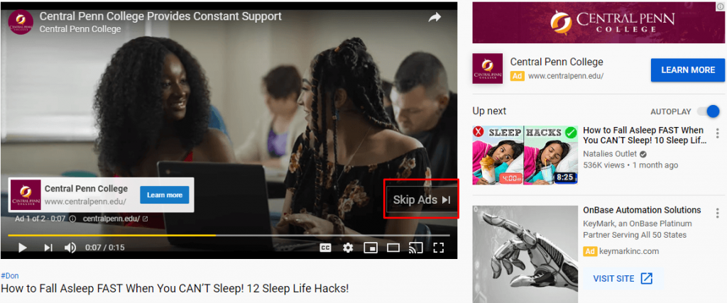 Przykład płatnej reklamy w YouTube