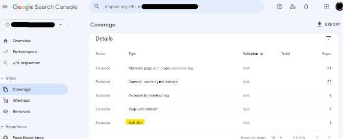 Скриншот того, как найти программные ошибки 404 в Google Search Console.