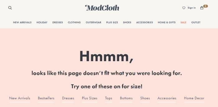 Скриншот страницы 404 Modcloth для программных ошибок 404.