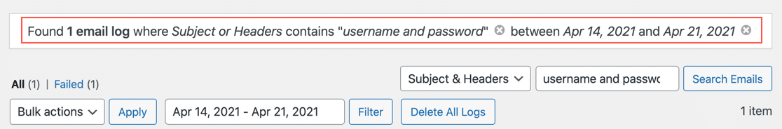 Filtri di ricerca nel registro e-mail - WP Mail SMTP Search filters in email log