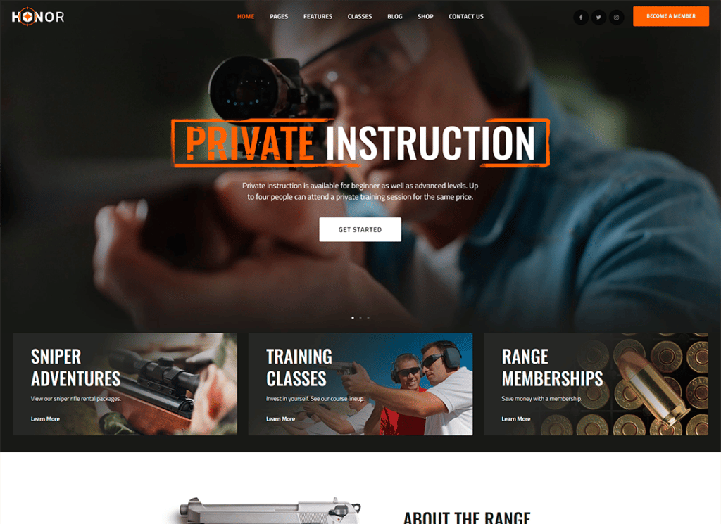 Honra | Clube de tiro multifuncional e loja de armas Tema WordPress + Elementor