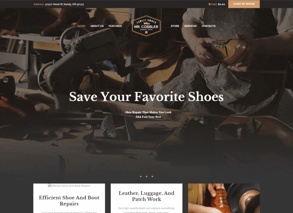 Mr. Cobbler — niestandardowe szycie butów i naprawa obuwia Motyw WordPress