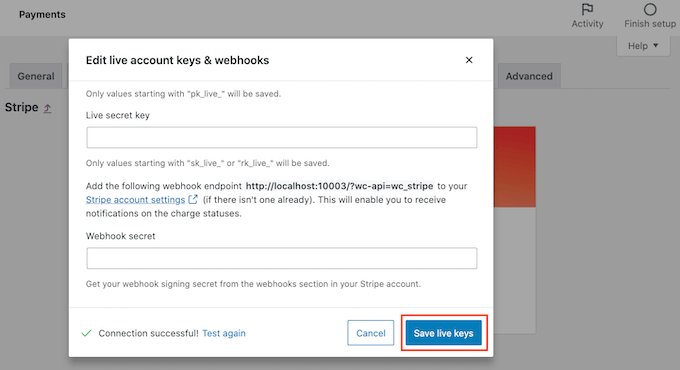 Menyimpan kunci Stripe langsung Saving the live Stripe keys