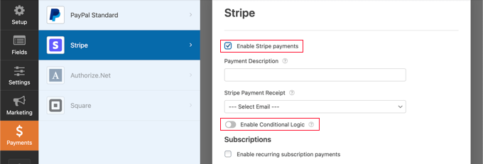 Centang Kotak 'Aktifkan Pembayaran Stripe'
