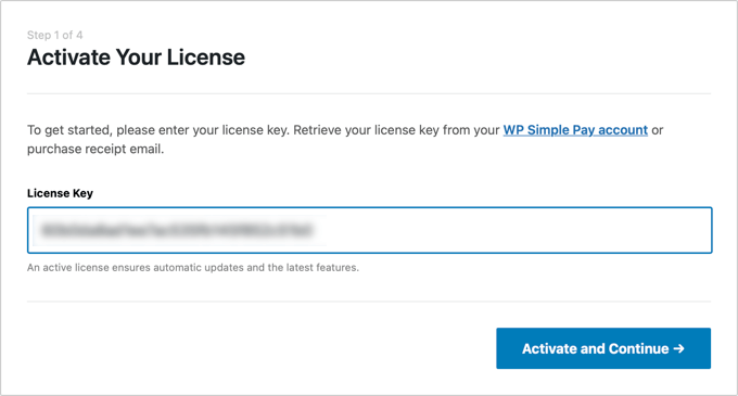 Anda Akan Diminta Memasukkan Kunci Lisensi Pembayaran Sederhana WP Anda You’ll Be Asked to Enter Your WP Simple Pay License Key