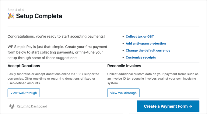 Penyiapan Pembayaran Sederhana WP Selesai WP Simple Pay Setup Is Complete