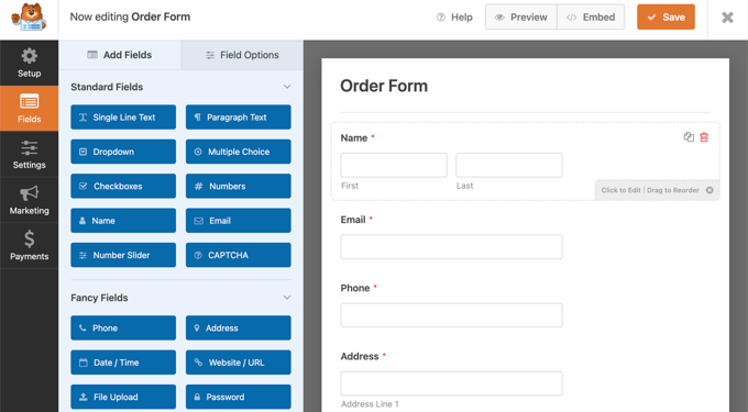 WPForms Akan Memuat Pembuat Formulir dengan Formulir Pemesanan Sederhana