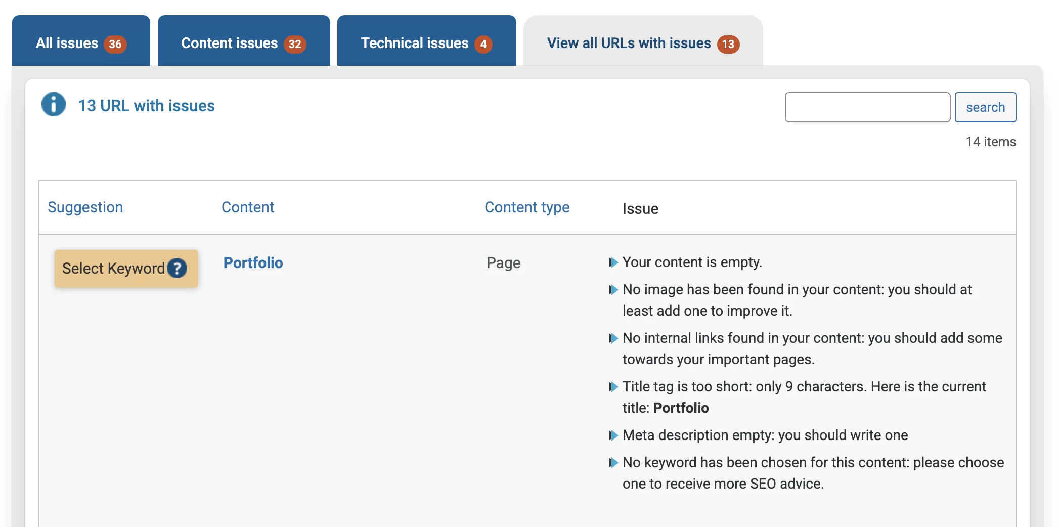 SEOKEY には、問題のあるすべての URL を表示するタブがあります。